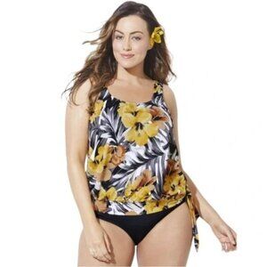 Swimsuits for All NWT Yellow Black White Blouson Tie Floral Tropical Tankini Top